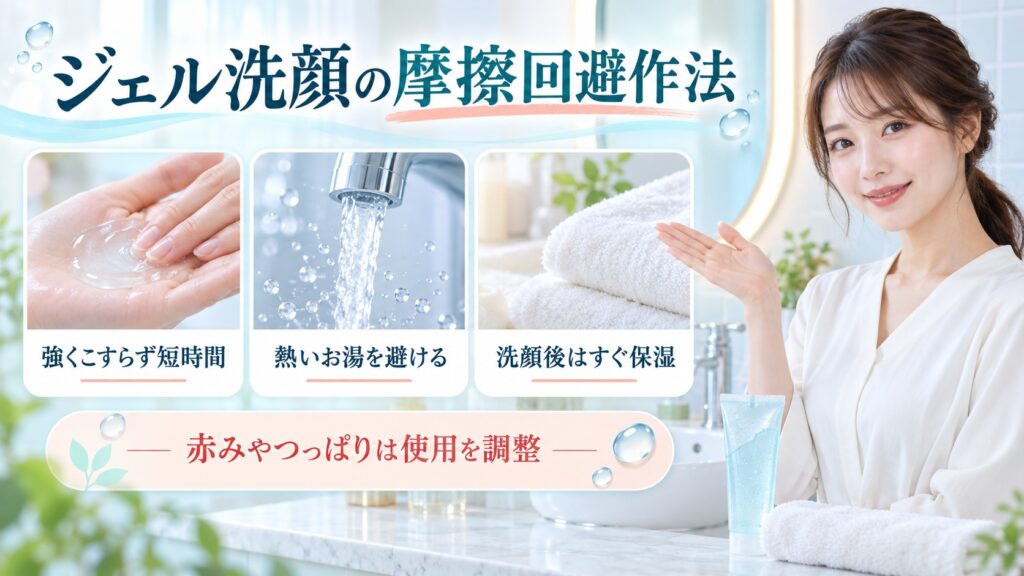 ジェル洗顔の摩擦回避作法を3ステップで示す美容ボード