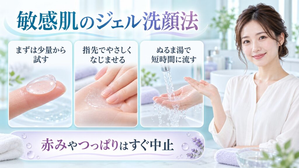 敏感肌のジェル洗顔法を3ステップで示す美容ボード