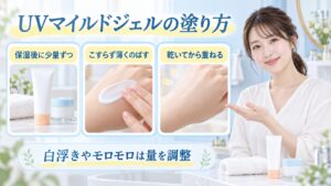 UVマイルドジェルの塗り方を3ステップで示す美容ボード