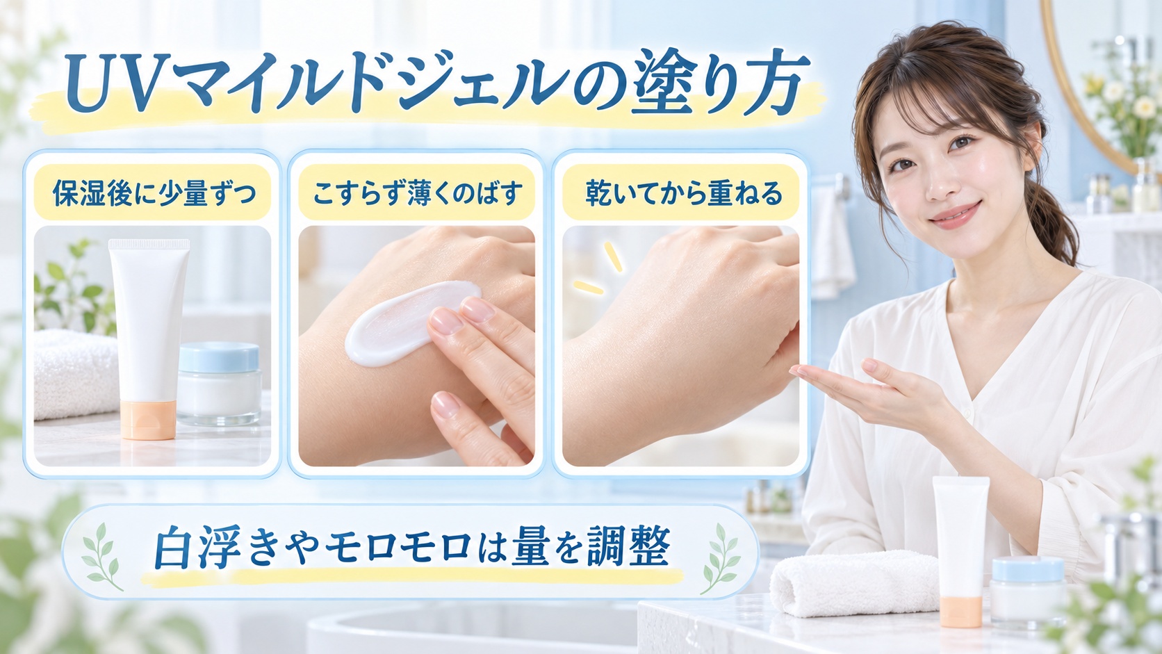 UVマイルドジェルの塗り方を3ステップで示す美容ボード