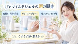 UVマイルドジェルの朝の順番を3ステップで示す美容ボード