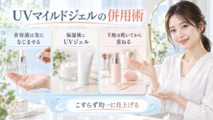 UVマイルドジェルと美容液・下地の併用方法を3ステップで示す美容ボード