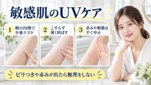 敏感肌のUVケアを解説する女性アドバイザーと3枚の低刺激な使い方カード