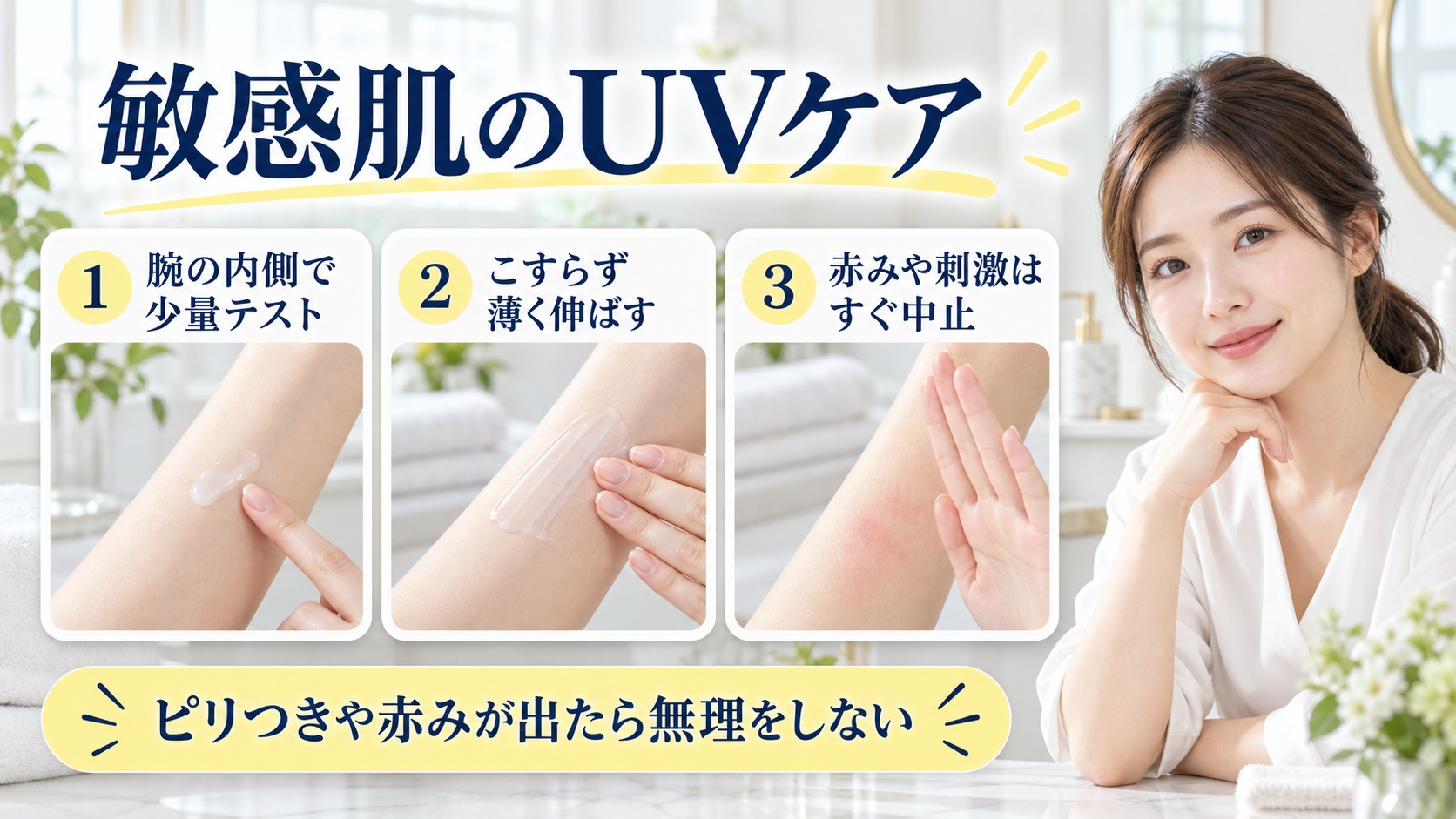 敏感肌のUVケアを解説する女性アドバイザーと3枚の低刺激な使い方カード