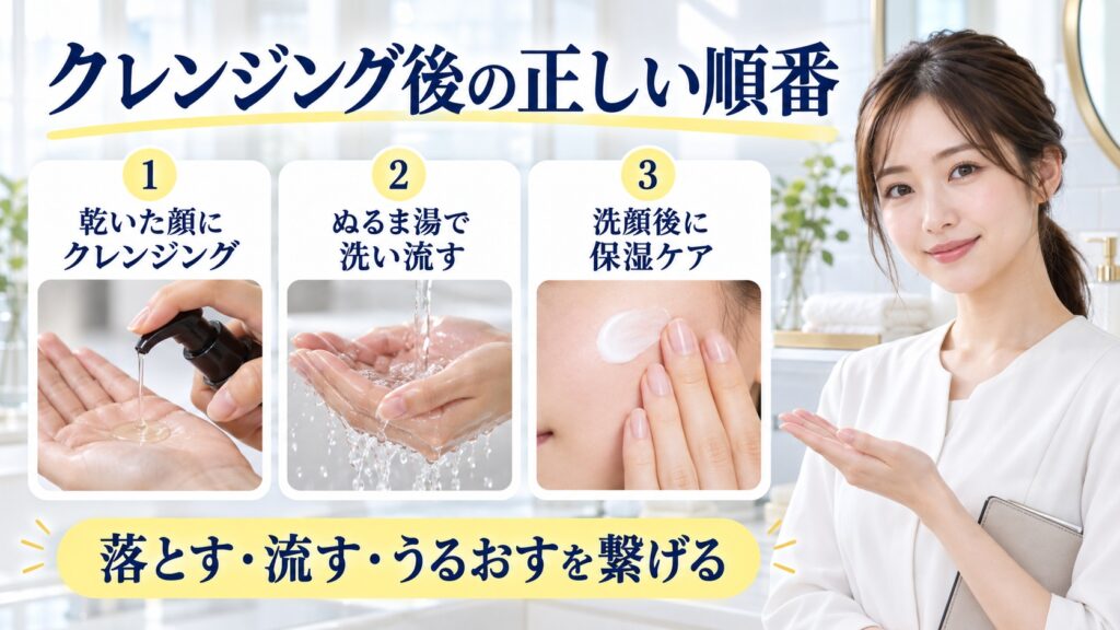 クレンジング後の正しい順番を解説する女性アドバイザーと3枚の工程カード