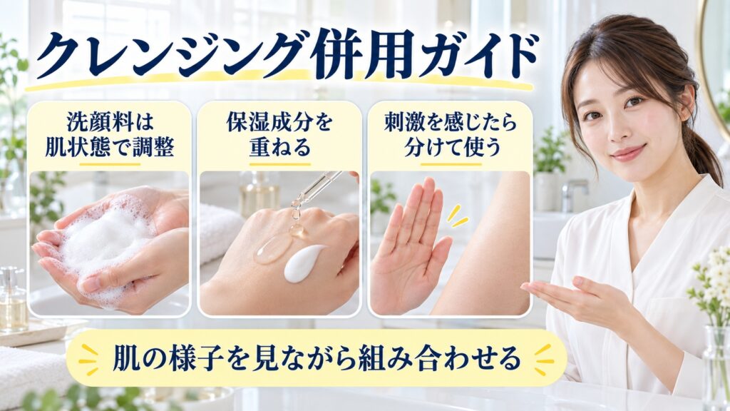 クレンジング併用ガイドを解説する女性アドバイザーと3枚の相性確認カード