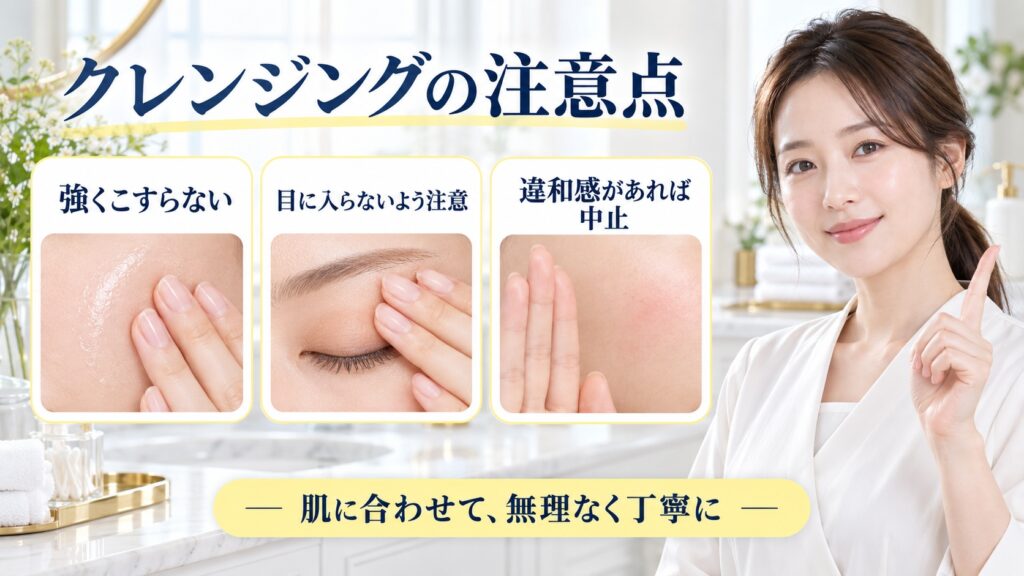 クレンジングの注意点を解説する女性アドバイザーと3枚の肌トラブル予防カード
