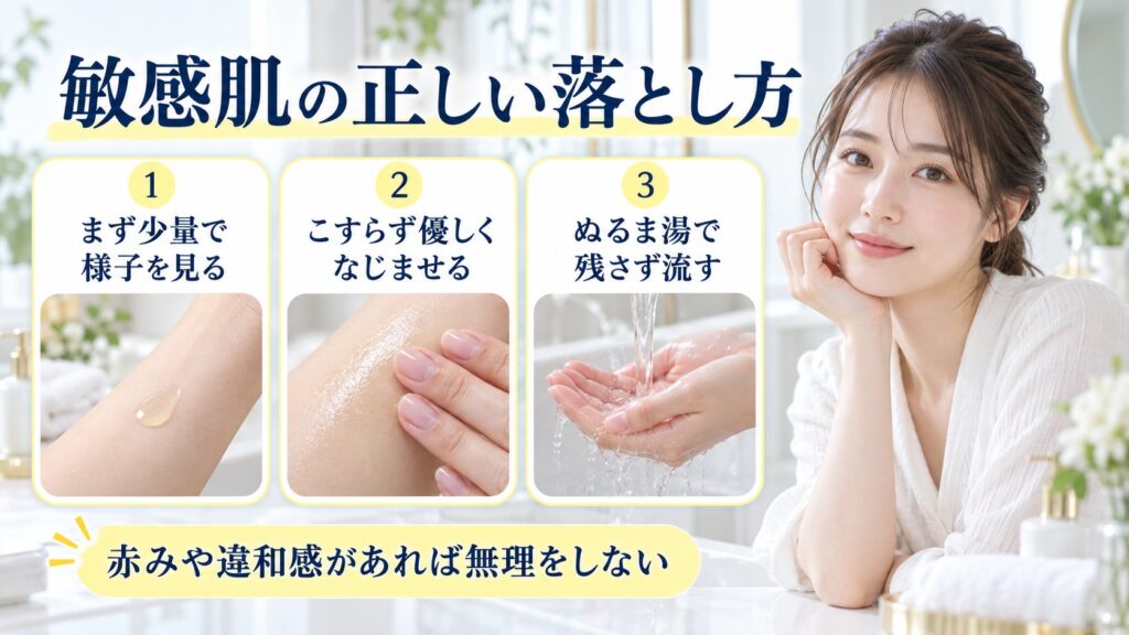 敏感肌の正しい落とし方を解説する女性アドバイザーと3枚のクレンジングカード