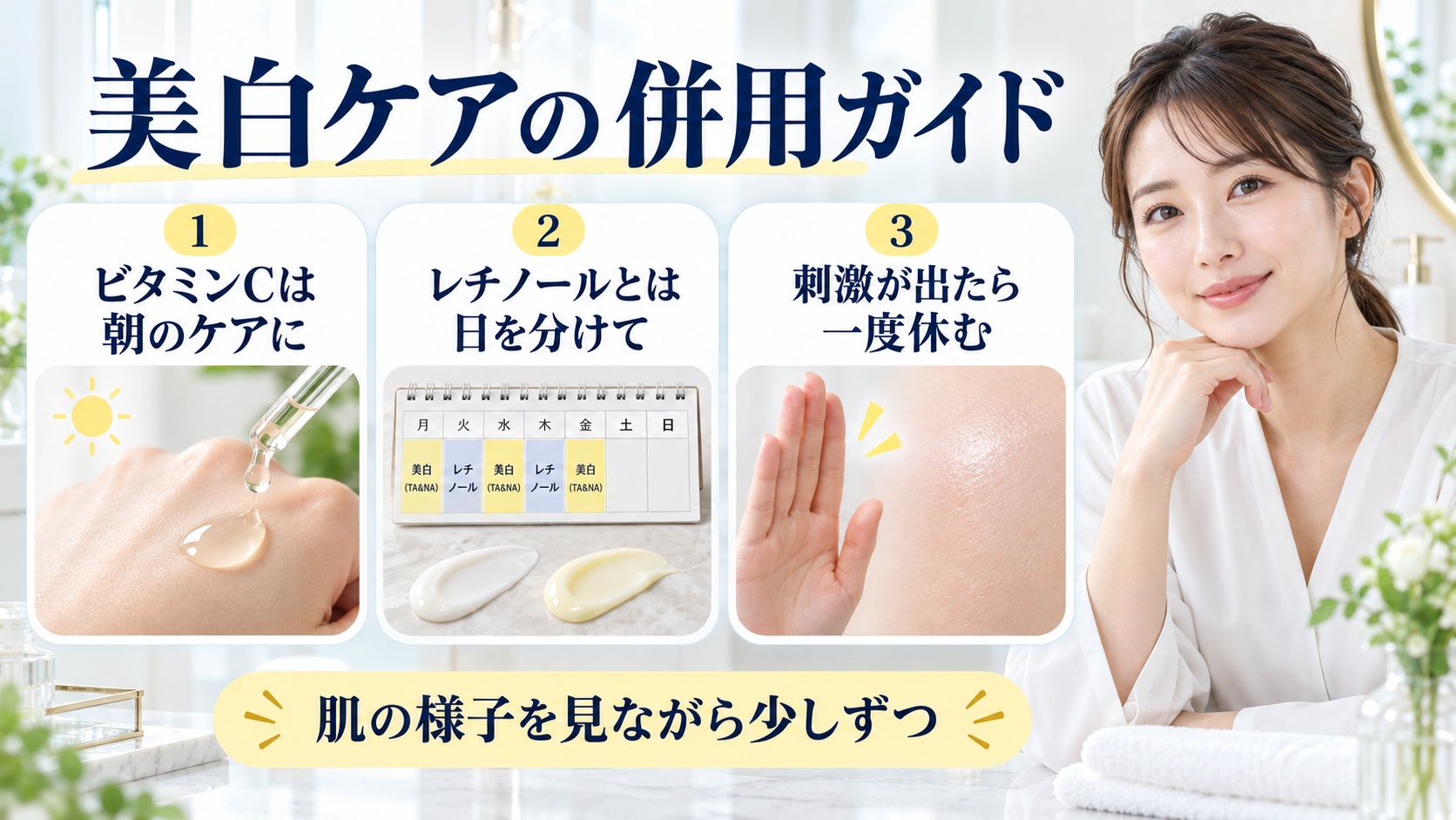 美白ケアの併用ガイドを解説する女性アドバイザーと3枚の成分相性カード