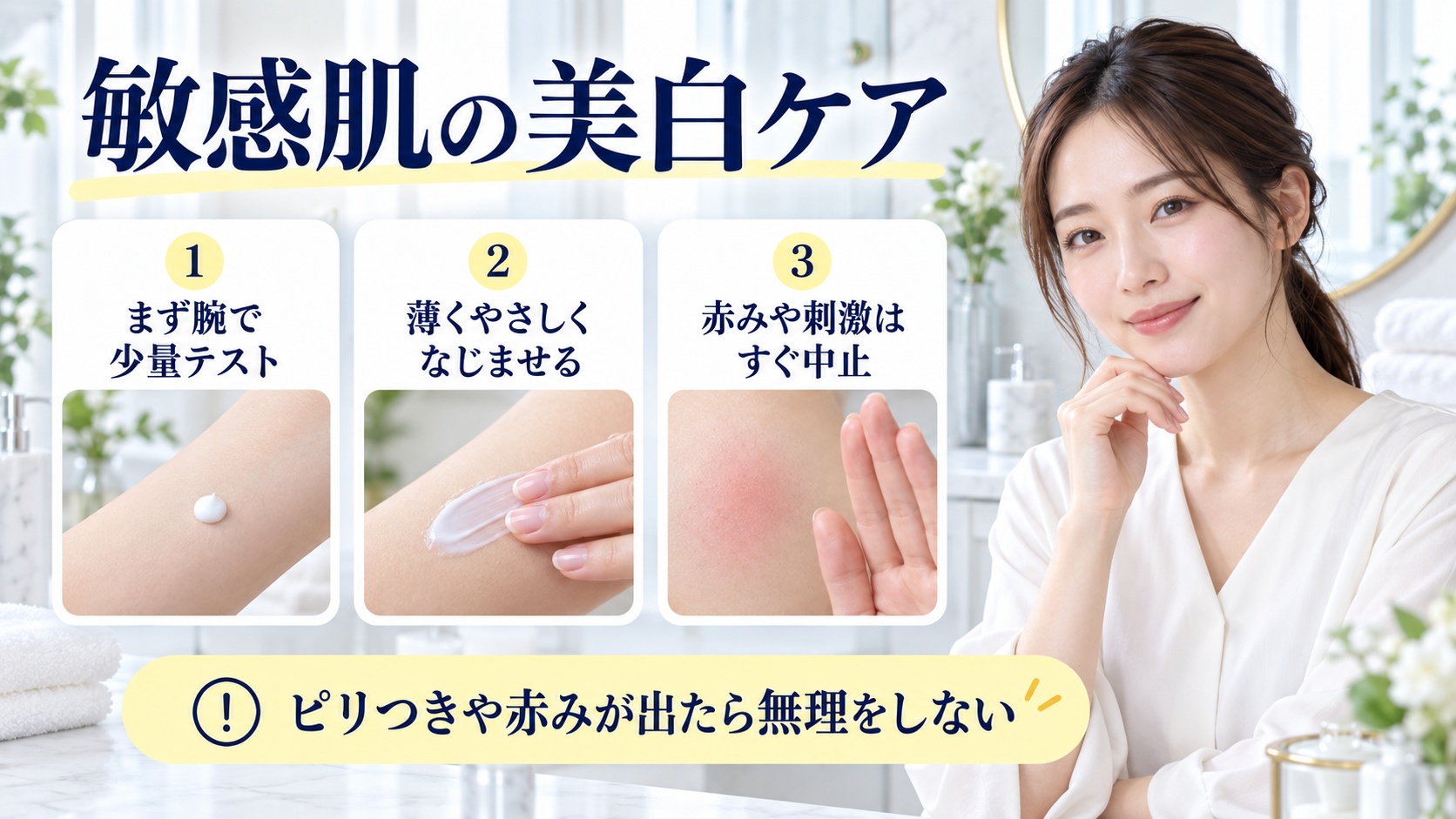 敏感肌の美白ケアを解説する女性アドバイザーと3枚の低刺激カード