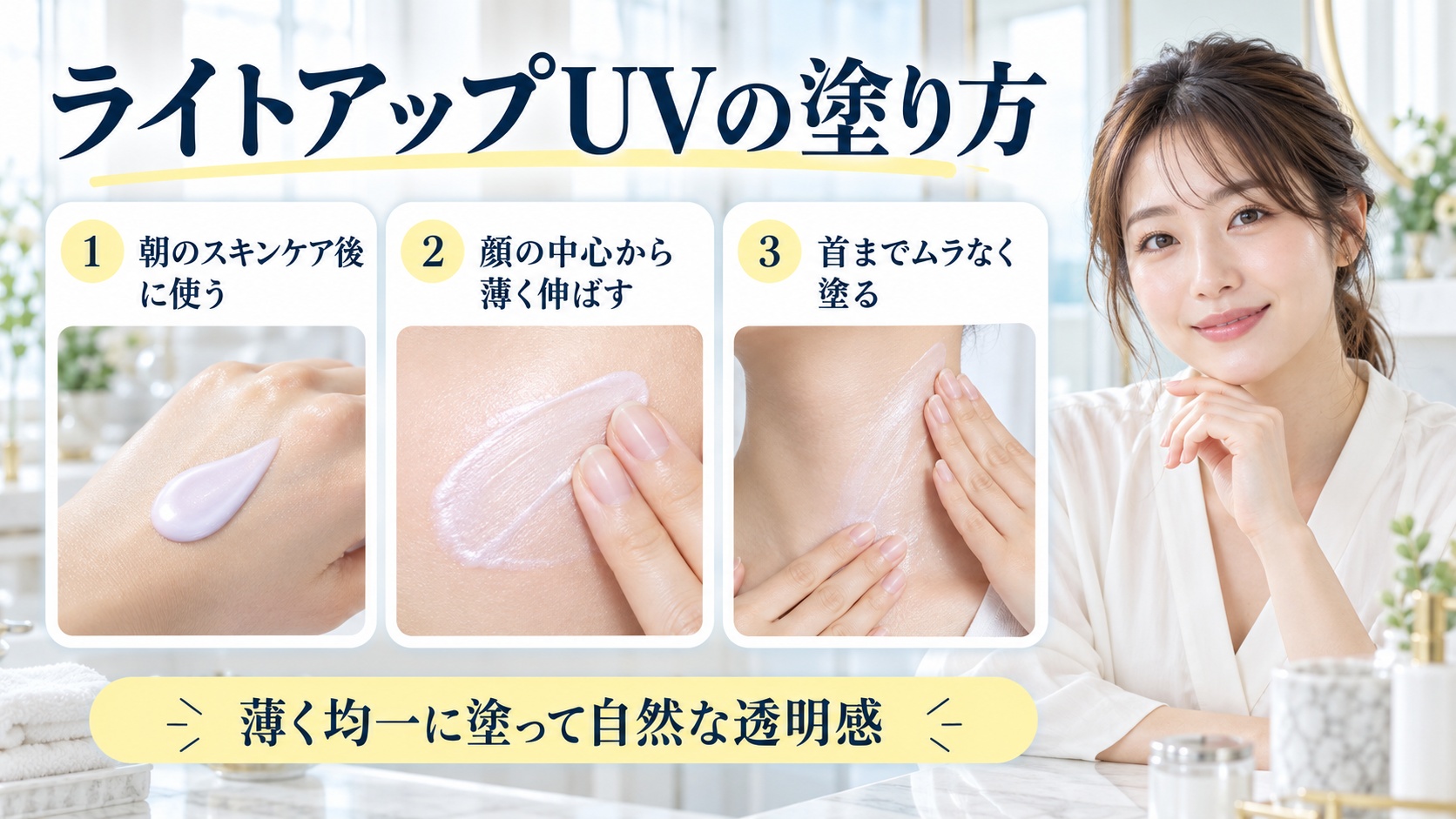 ライトアップUVの塗り方を解説する女性アドバイザーと3枚の透明感カード