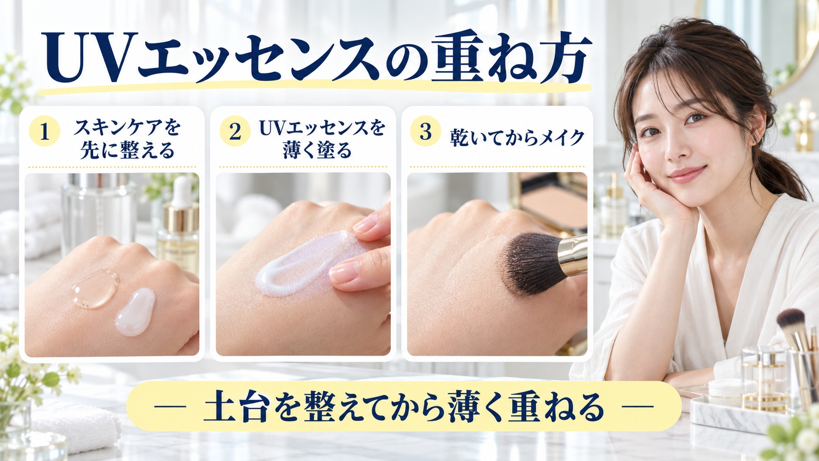 UVエッセンスの重ね方を解説する女性アドバイザーと3枚のメイク前ケアカード