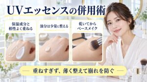 UVエッセンスの併用術を解説する女性アドバイザーと3枚の成分組み合わせカード