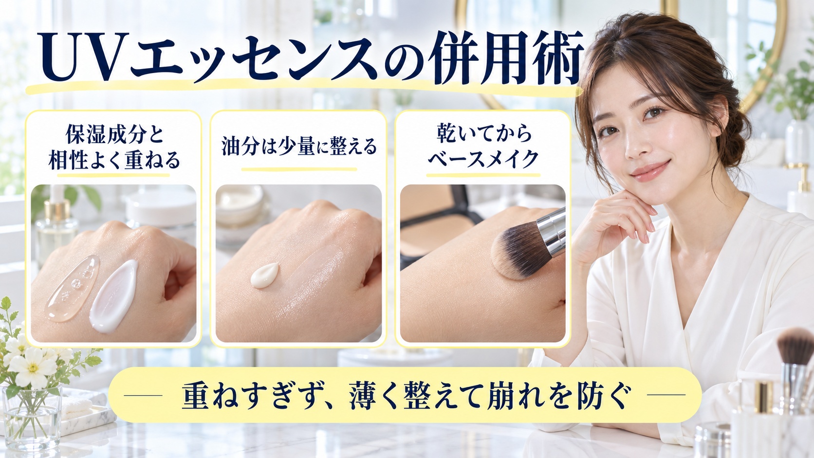 UVエッセンスの併用術を解説する女性アドバイザーと3枚の成分組み合わせカード