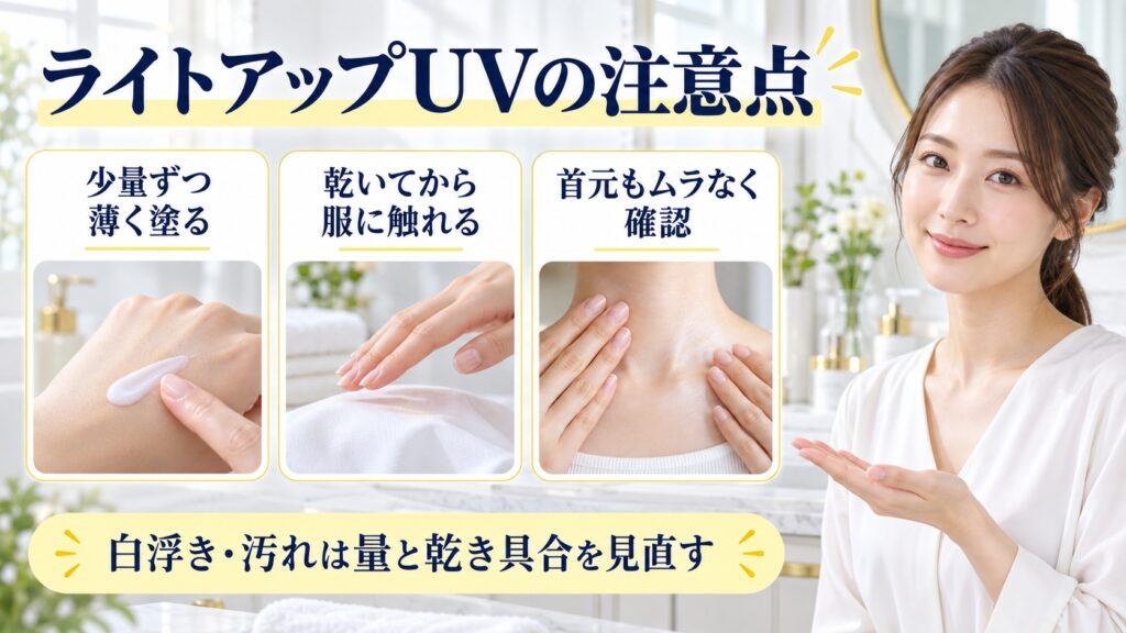 ライトアップUVの注意点を解説する女性アドバイザーと3枚の塗り方カード