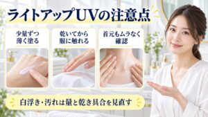 ライトアップUVの注意点を解説する女性アドバイザーと3枚の塗り方カード
