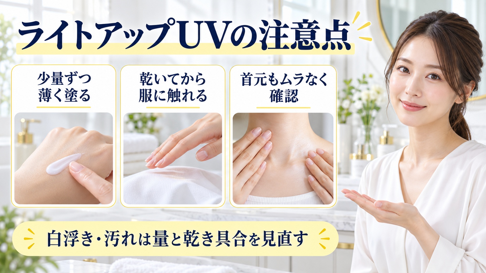 ライトアップUVの注意点を解説する女性アドバイザーと3枚の塗り方カード