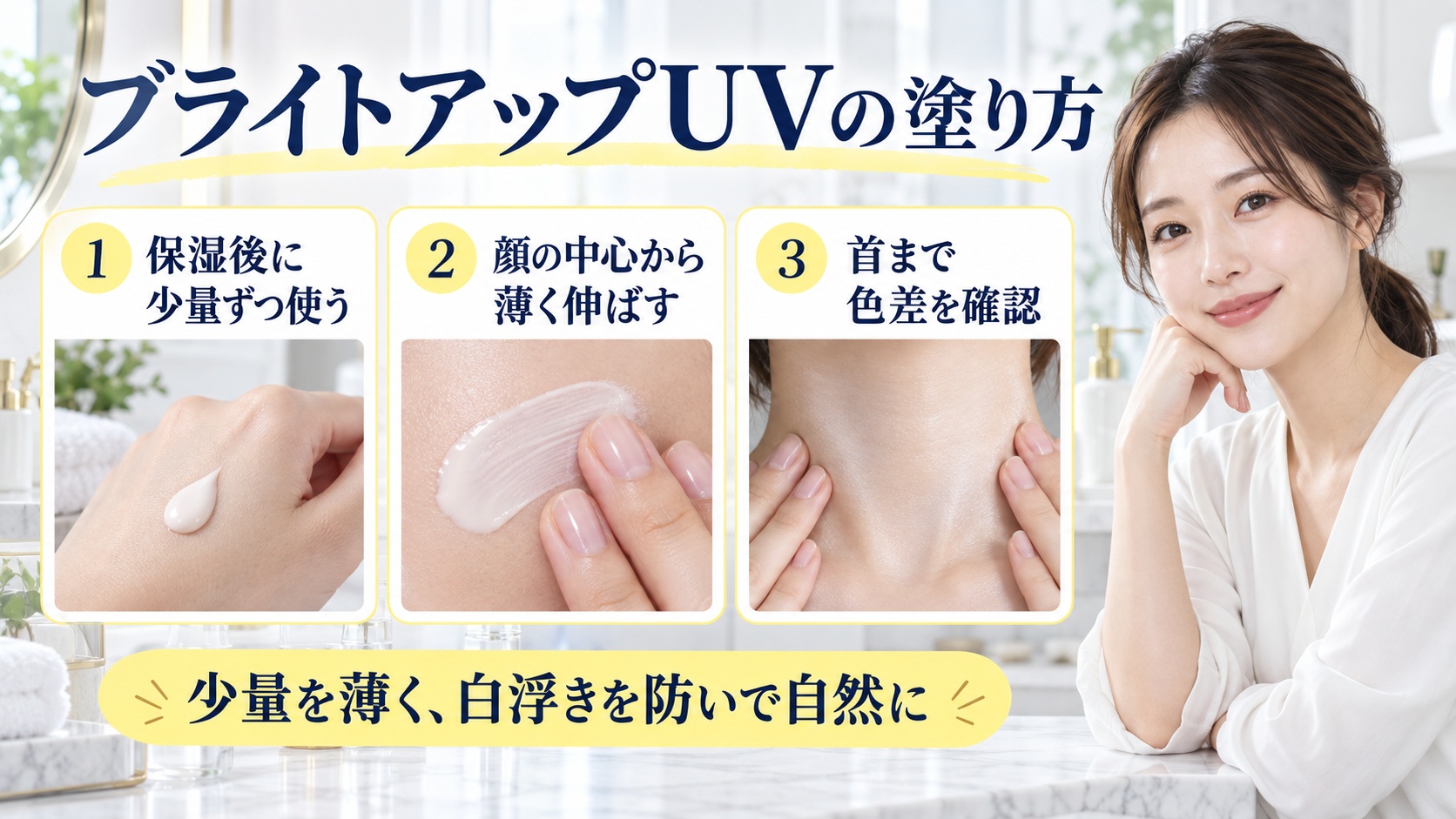 ブライトアップUVの塗り方を解説する女性アドバイザーと3枚の白浮き対策カード