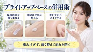 ブライトアップベースの併用術を解説する女性アドバイザーと3枚の組み合わせカード