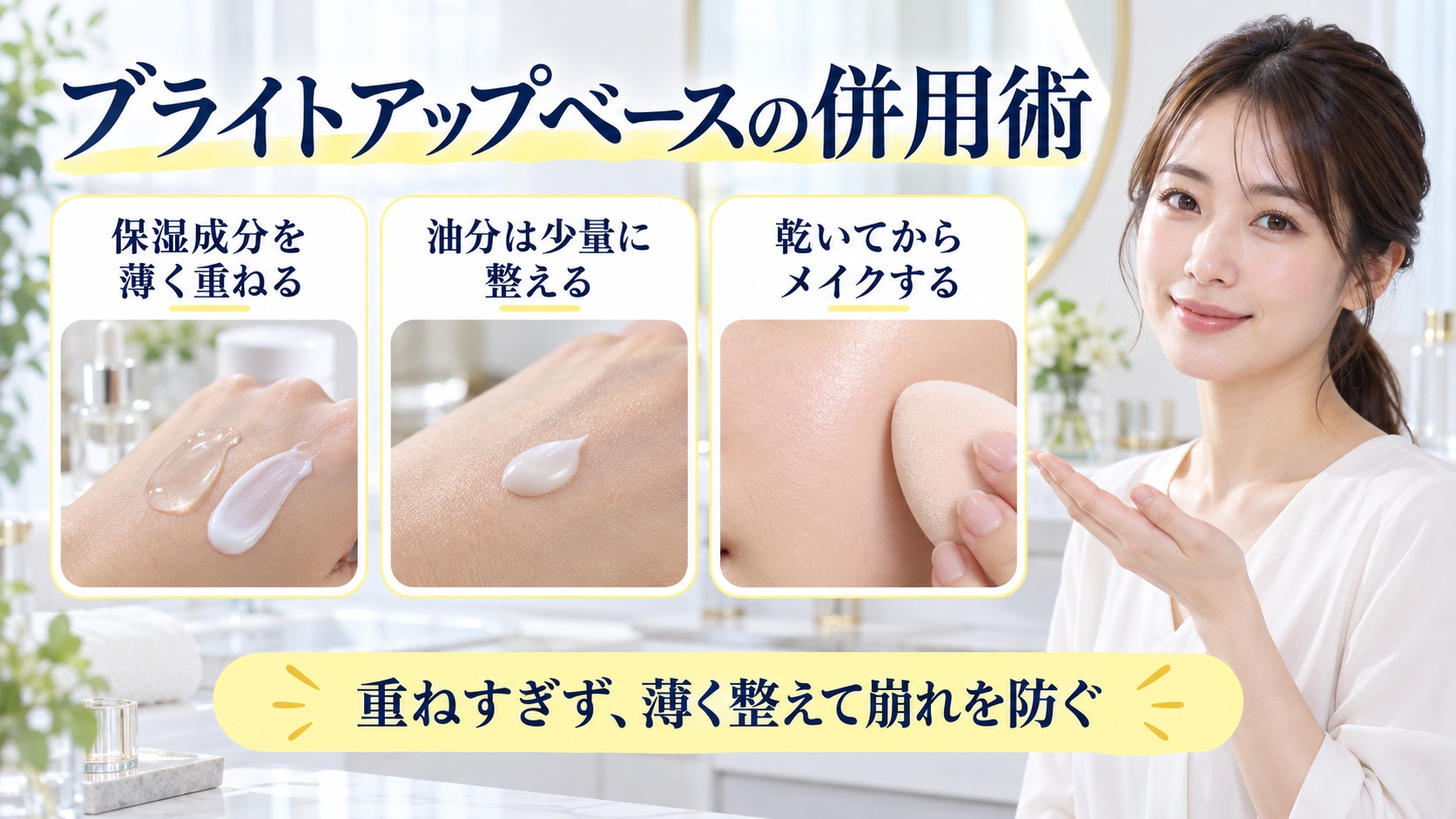 ブライトアップベースの併用術を解説する女性アドバイザーと3枚の組み合わせカード