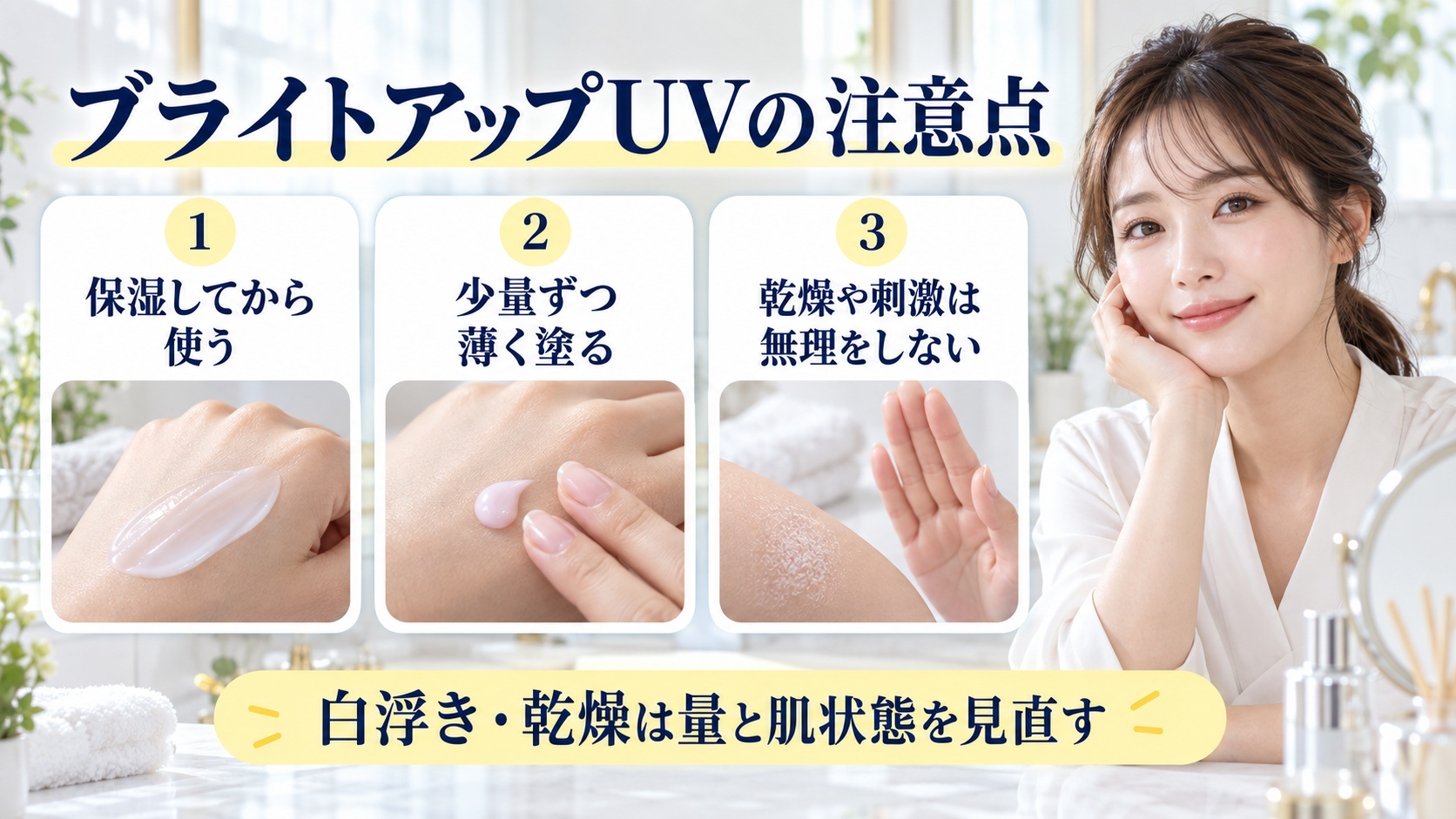 ブライトアップUVの注意点を解説する女性アドバイザーと3枚の安全な塗り方カード