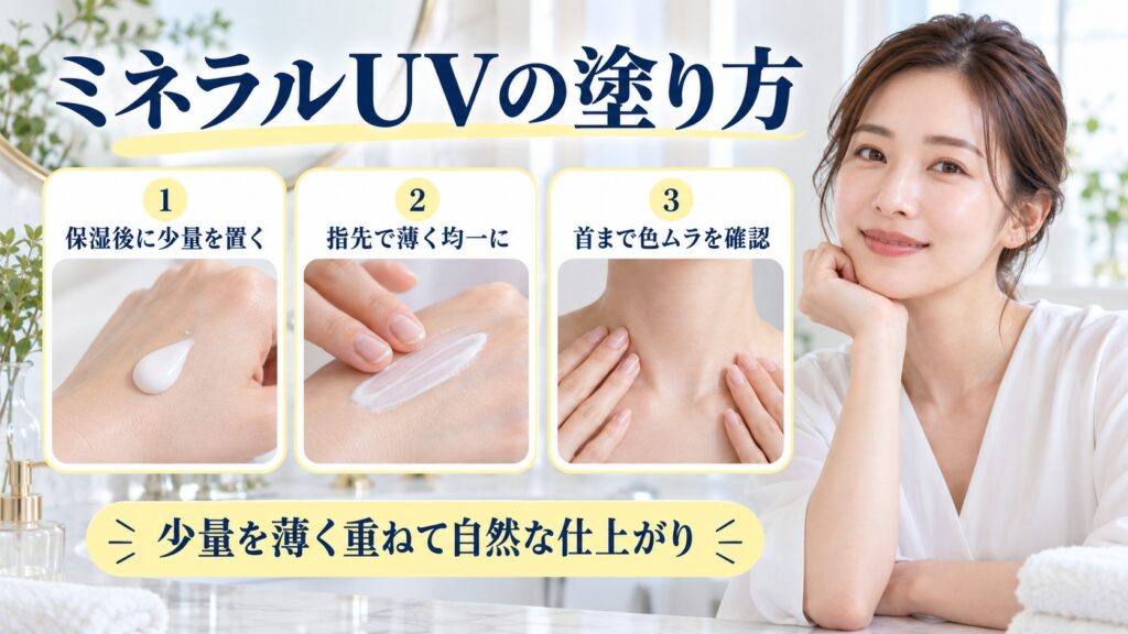 ミネラルUVの塗り方を解説する女性アドバイザーと3枚の自然な仕上がりカード