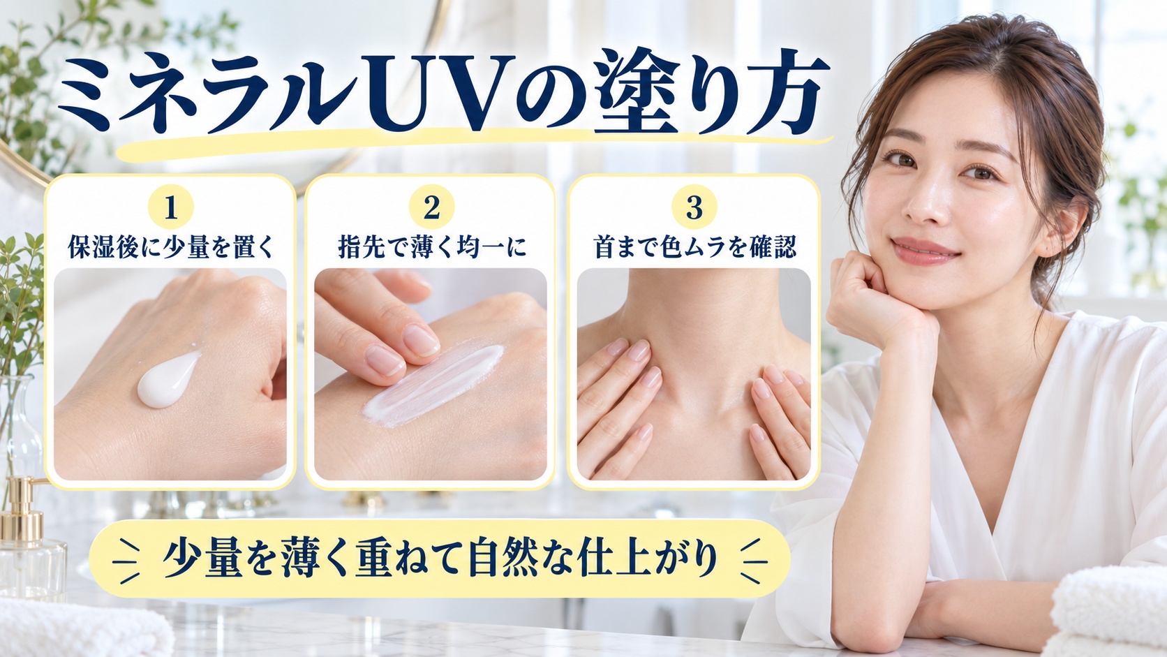 ミネラルUVの塗り方を解説する女性アドバイザーと3枚の自然な仕上がりカード