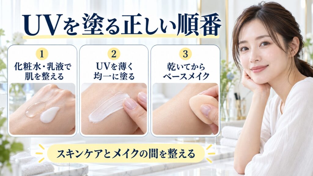 UVを塗る正しい順番を解説する女性アドバイザーと3枚の重ね方カード