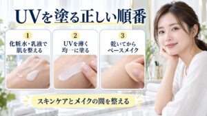 UVを塗る正しい順番を解説する女性アドバイザーと3枚の重ね方カード