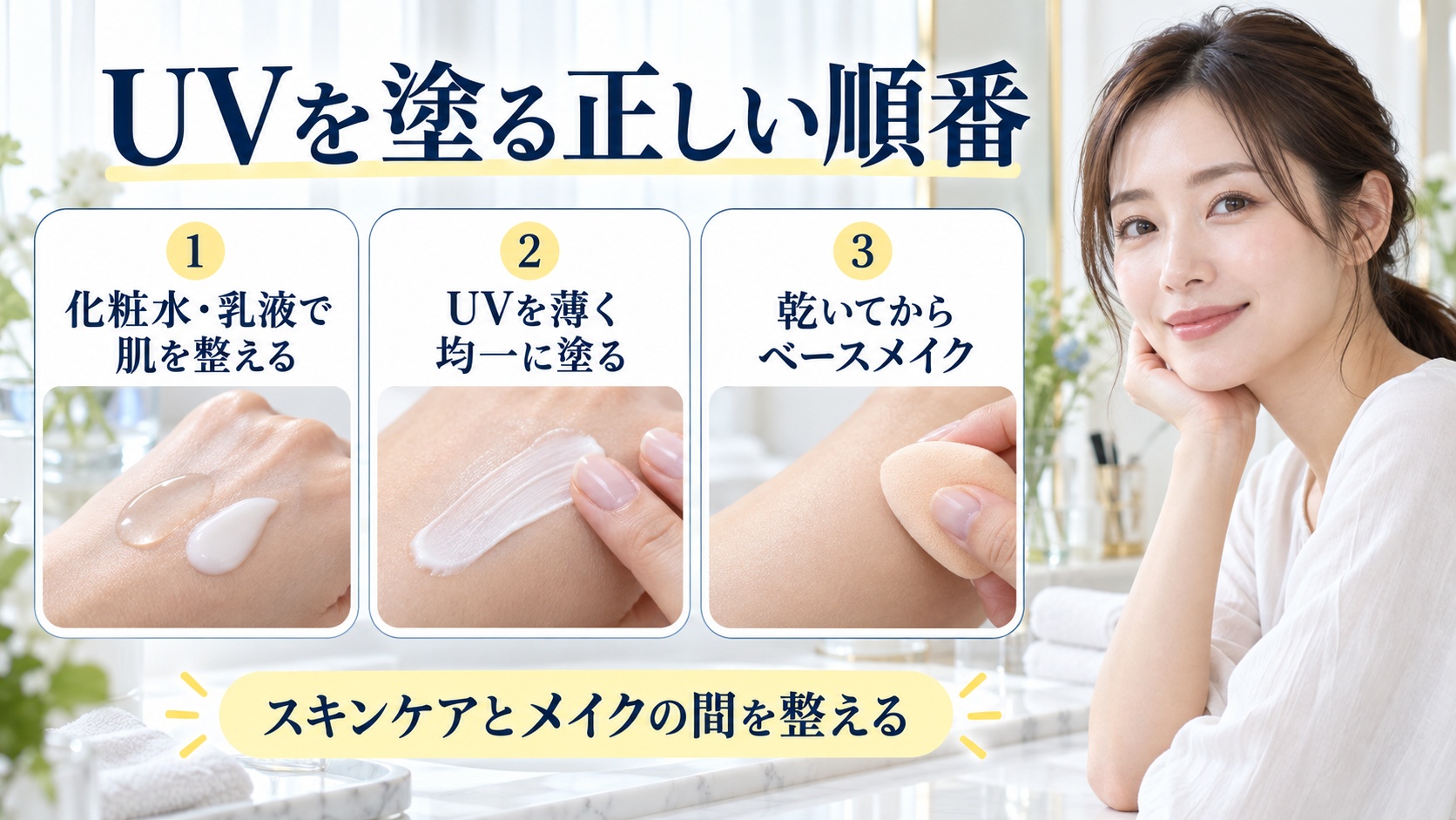 UVを塗る正しい順番を解説する女性アドバイザーと3枚の重ね方カード