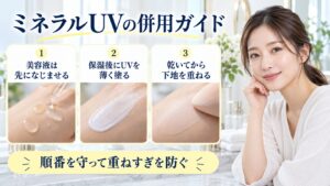 ミネラルUVの併用ガイドを解説する女性アドバイザーと3枚の重ね方カード