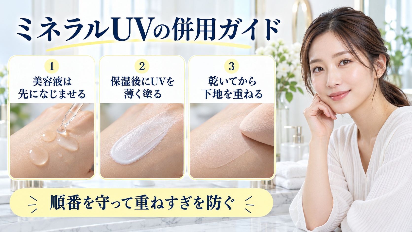 ミネラルUVの併用ガイドを解説する女性アドバイザーと3枚の重ね方カード