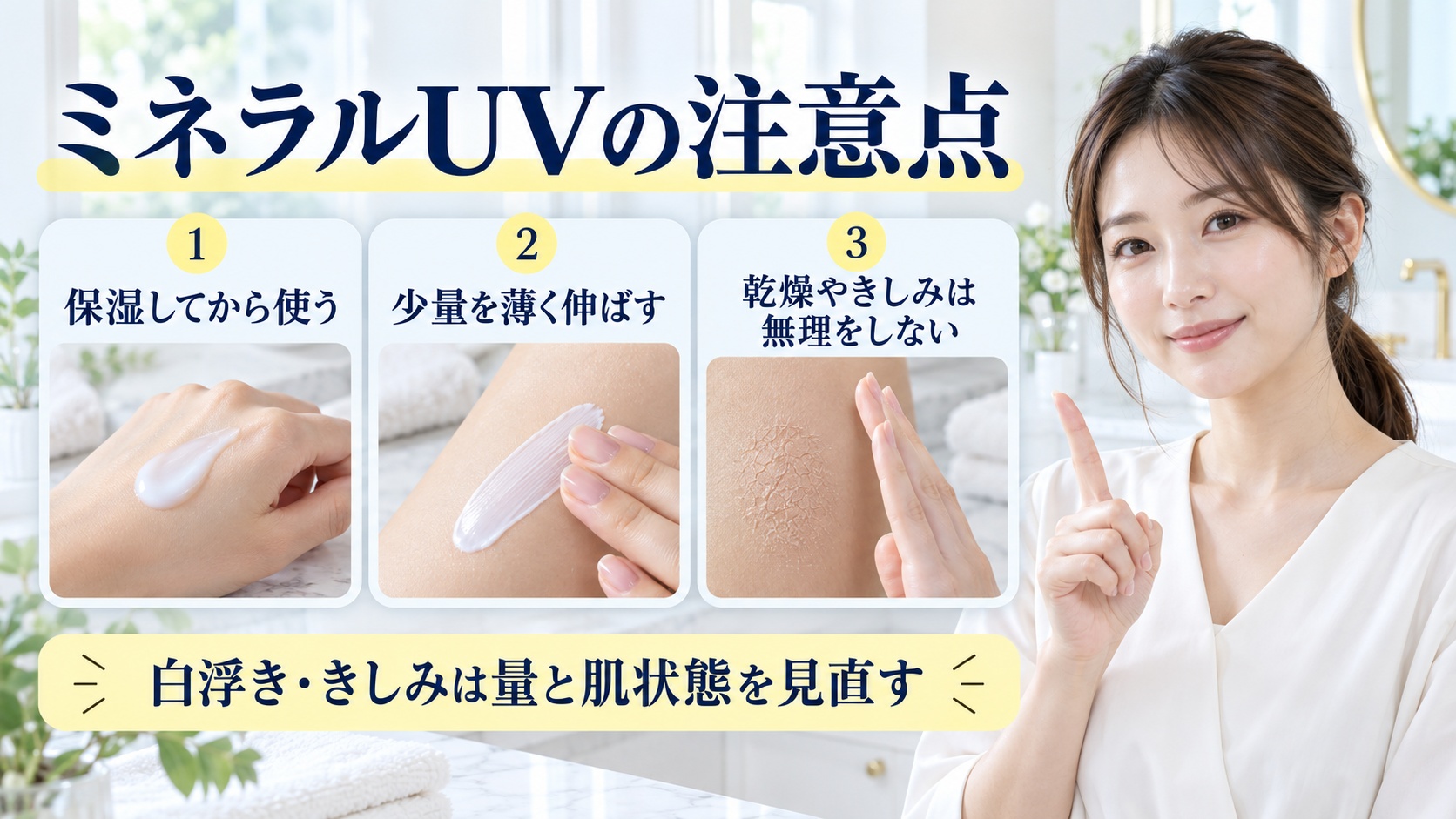 ミネラルUVの注意点を解説する女性アドバイザーと3枚の安全な塗り方カード