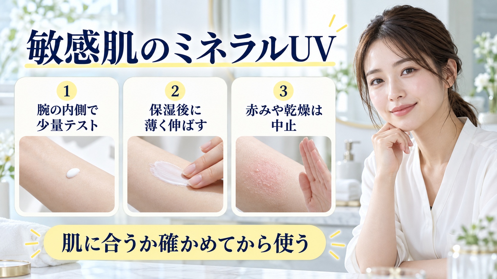 敏感肌のミネラルUVを解説する女性アドバイザーと3枚の低刺激カード