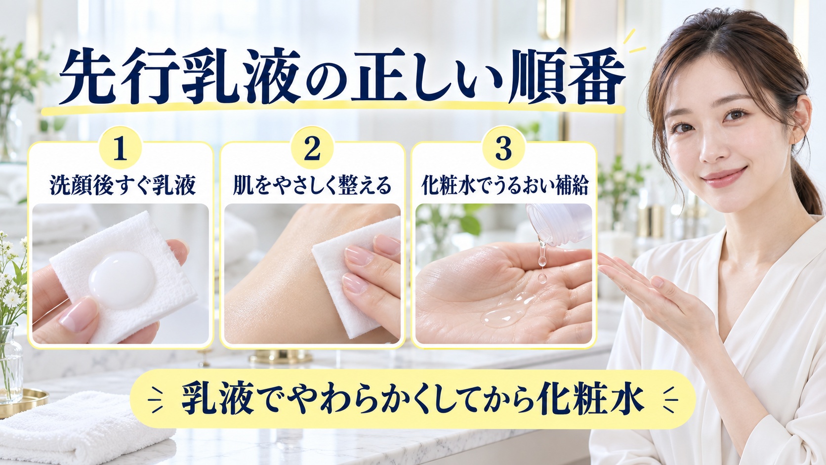 先行乳液の正しい順番を解説する女性アドバイザーと3枚の使用手順カード