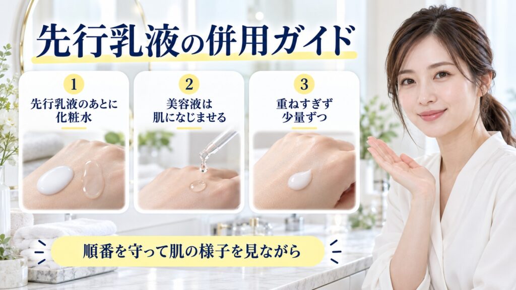 先行乳液の併用ガイドを解説する女性アドバイザーと3枚の組み合わせカード