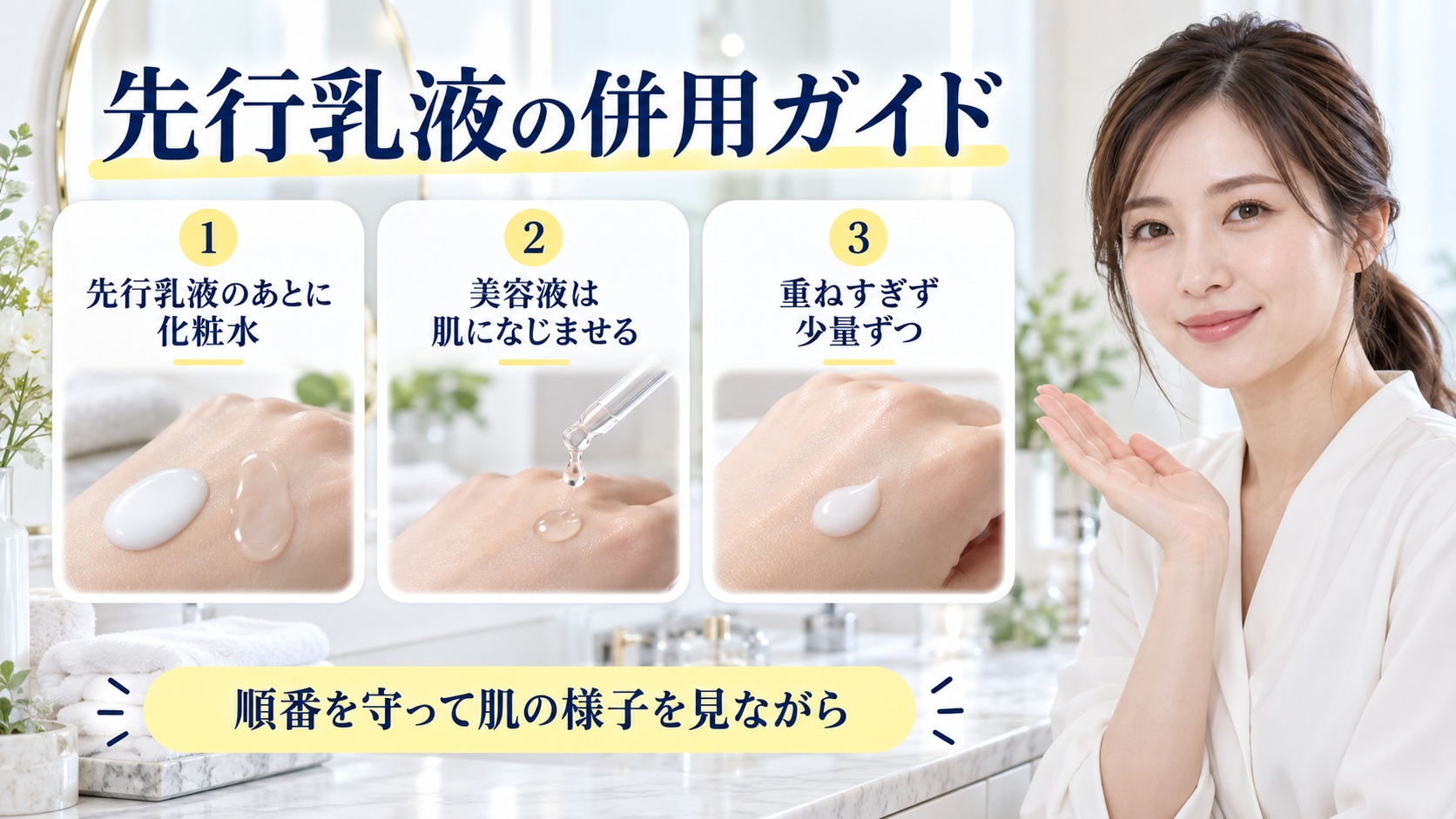 先行乳液の併用ガイドを解説する女性アドバイザーと3枚の組み合わせカード