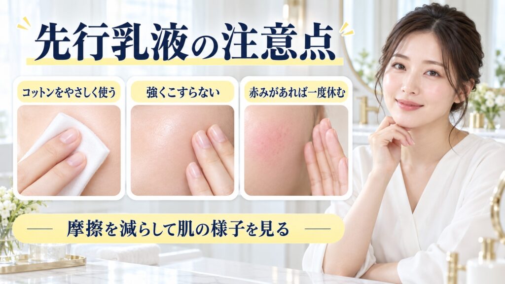 先行乳液の注意点を解説する女性アドバイザーと3枚の摩擦対策カード