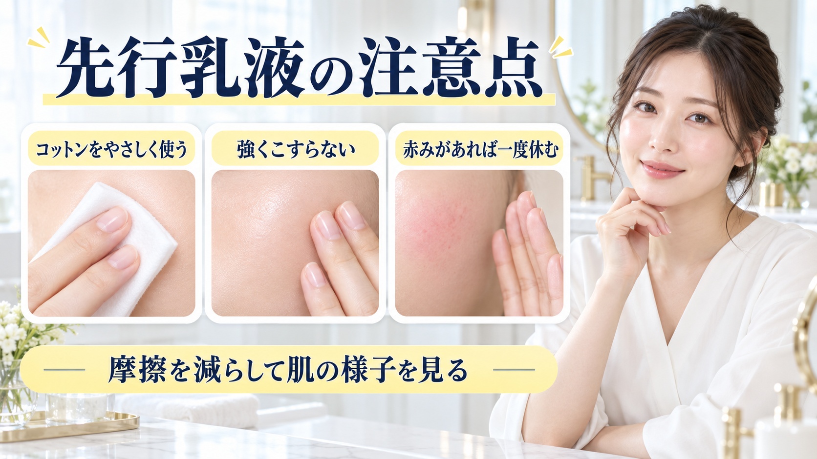 先行乳液の注意点を解説する女性アドバイザーと3枚の摩擦対策カード