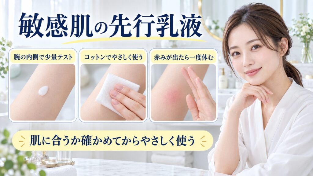敏感肌の先行乳液を解説する女性アドバイザーと3枚の低刺激カード
