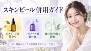 スキンピールとビタミンC・レチノールの併用方法を解説する女性アドバイザーと3枚のカード