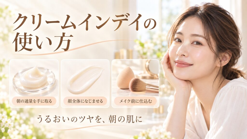 クリームインデイの使い方を解説する女性アドバイザーと朝の3ステップカード