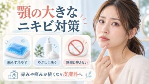 顎の大きなニキビ対策を解説する女性アドバイザーと3枚のケアカード