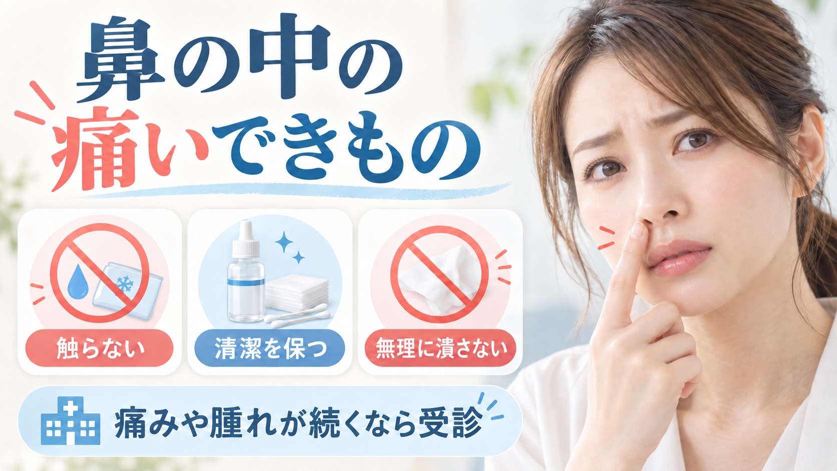 鼻の中の痛いできものへの対処を解説する女性アドバイザーと3枚のケアカード