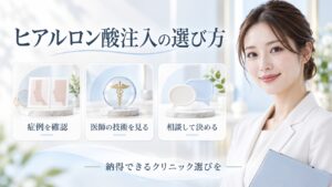 ヒアルロン酸注入のクリニック選びを解説する女性アドバイザーと3枚の確認カード