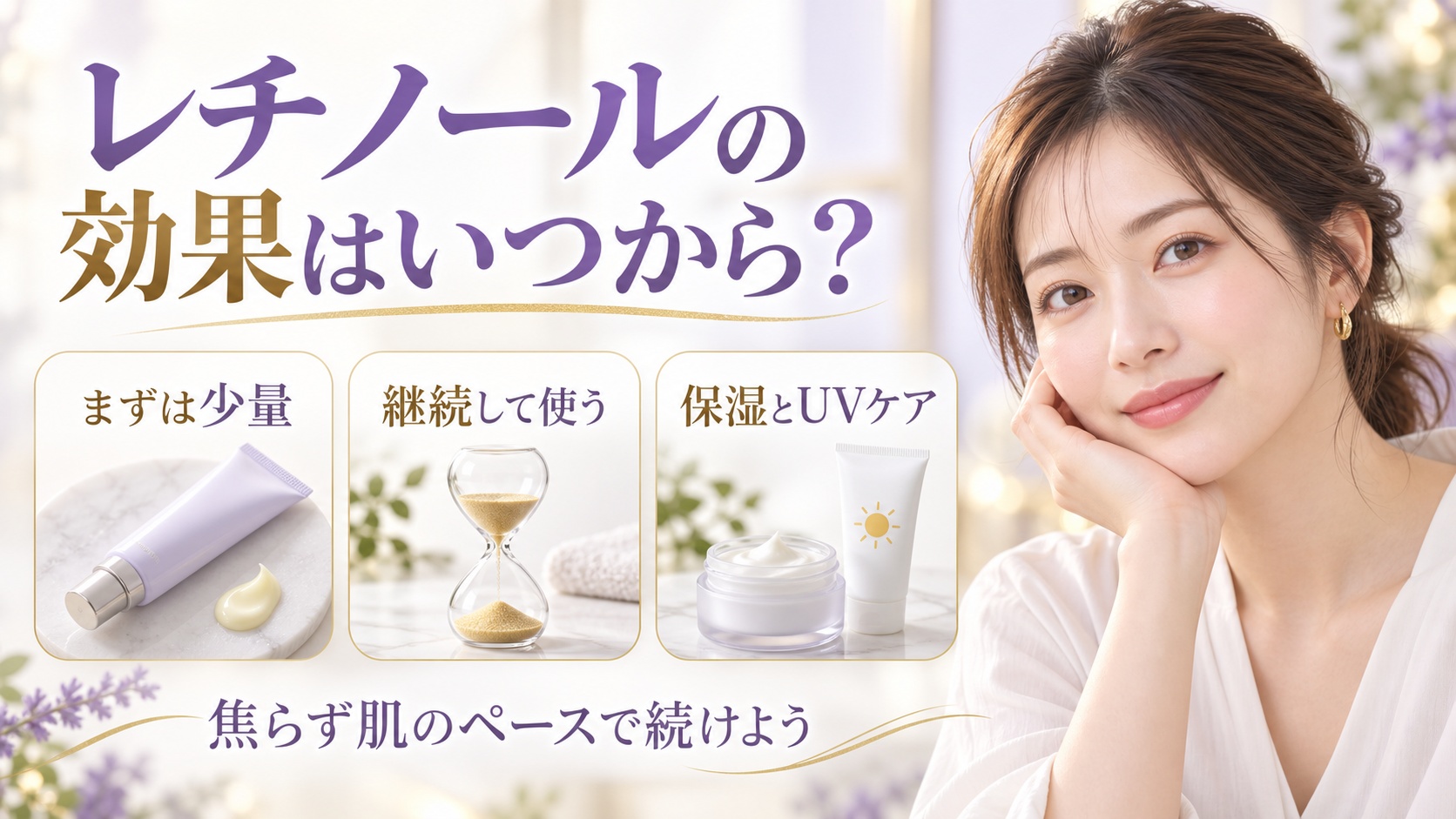 レチノールの効果時期と使い方を解説する女性アドバイザーと3枚のケアカード