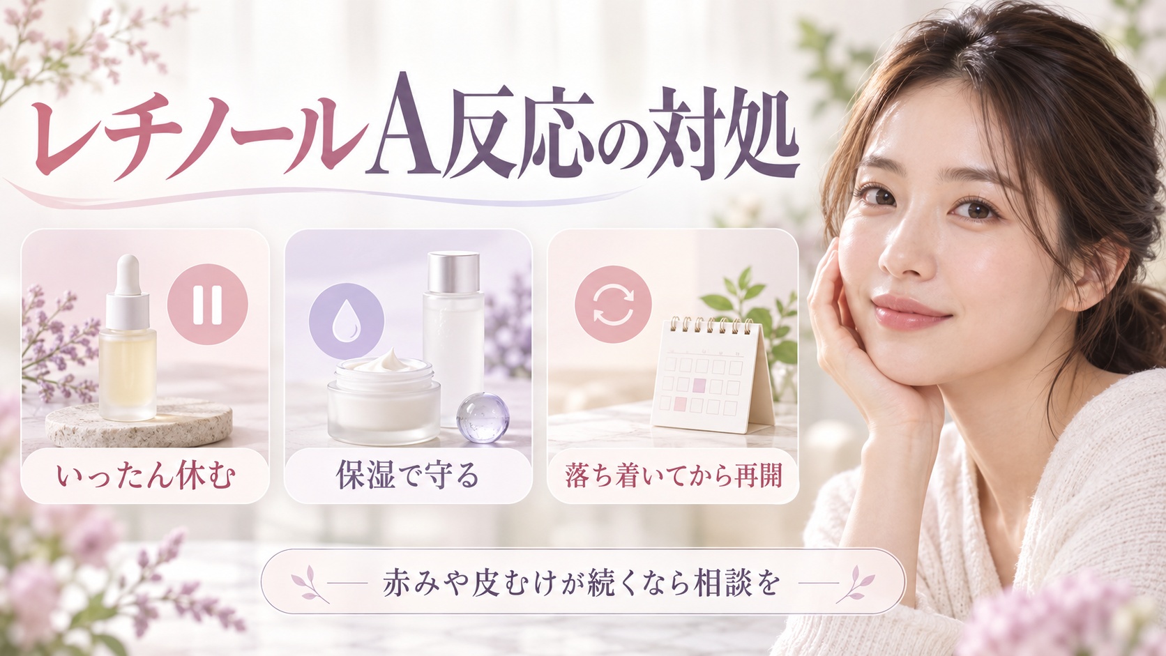 レチノールA反応の対処を解説する女性アドバイザーと3枚のケアカード
