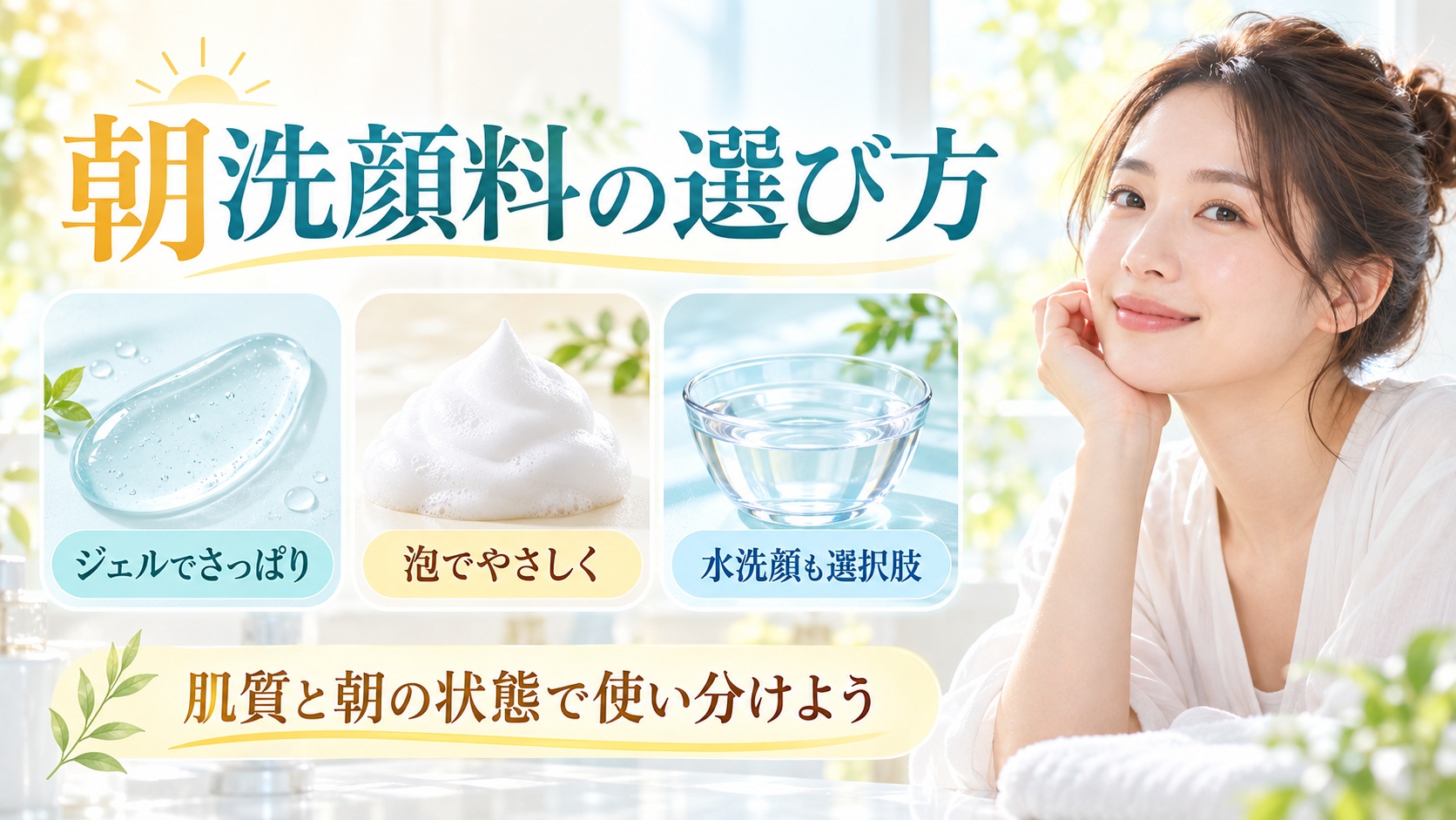 朝洗顔料の選び方を解説する女性アドバイザーと3枚の洗顔料カード