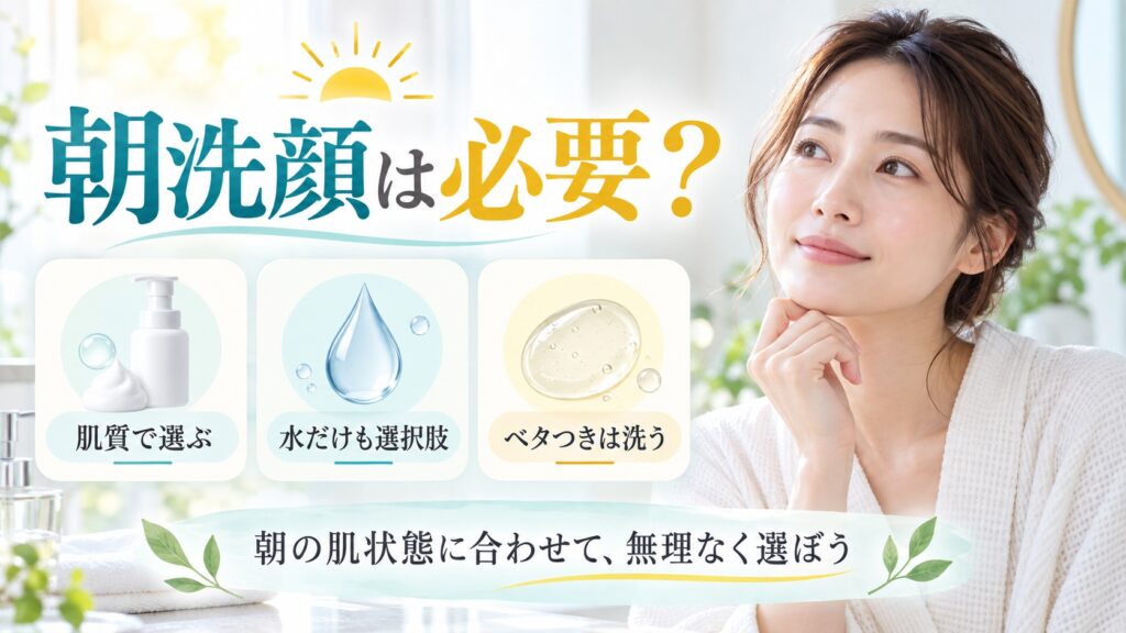 朝洗顔の必要性と使い分けを解説する女性アドバイザーと3枚のカード