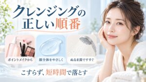 クレンジングの正しい順番を解説する女性アドバイザーと3枚の洗浄ステップカード